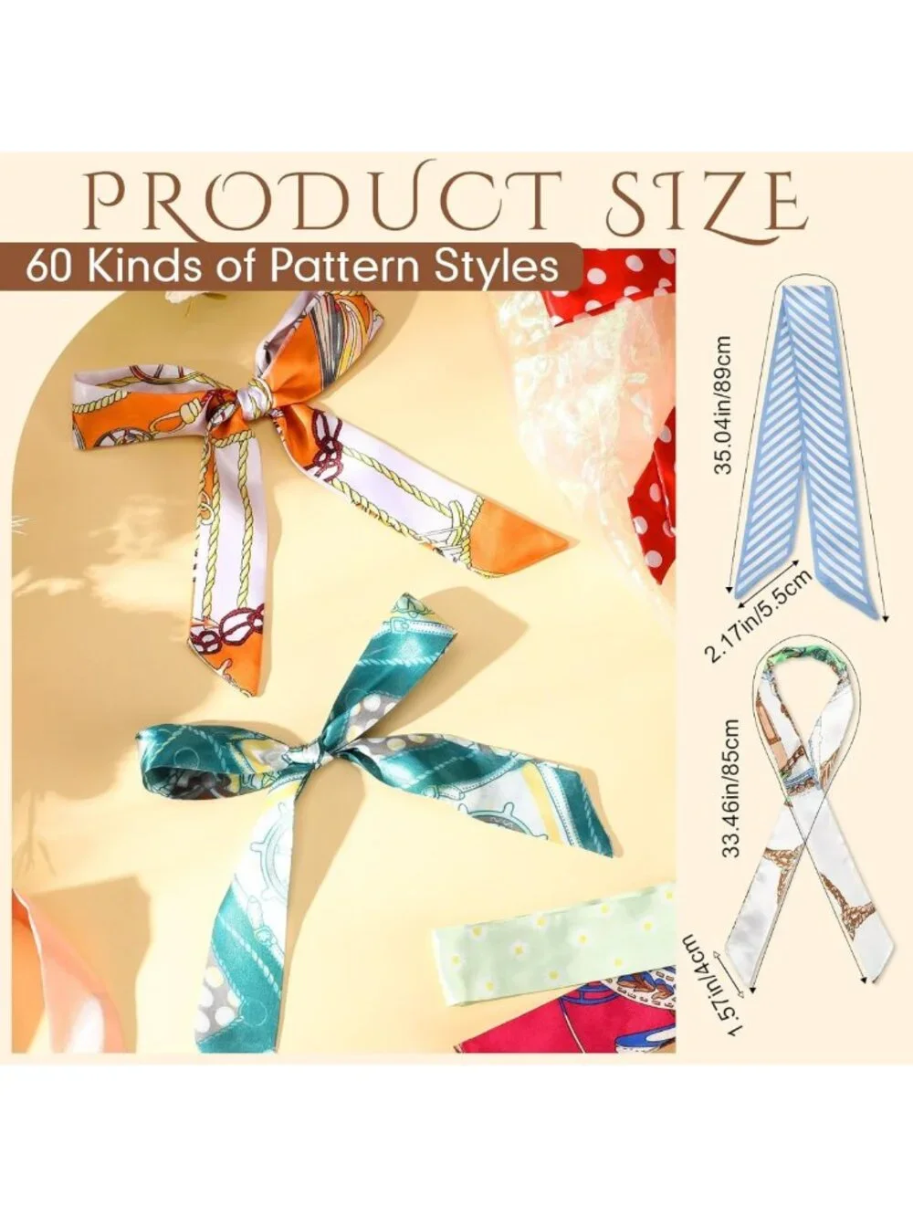 60 Pcs Women's Handbag Scarves - Satin Hair Purse Ribbons & Silk Headbands